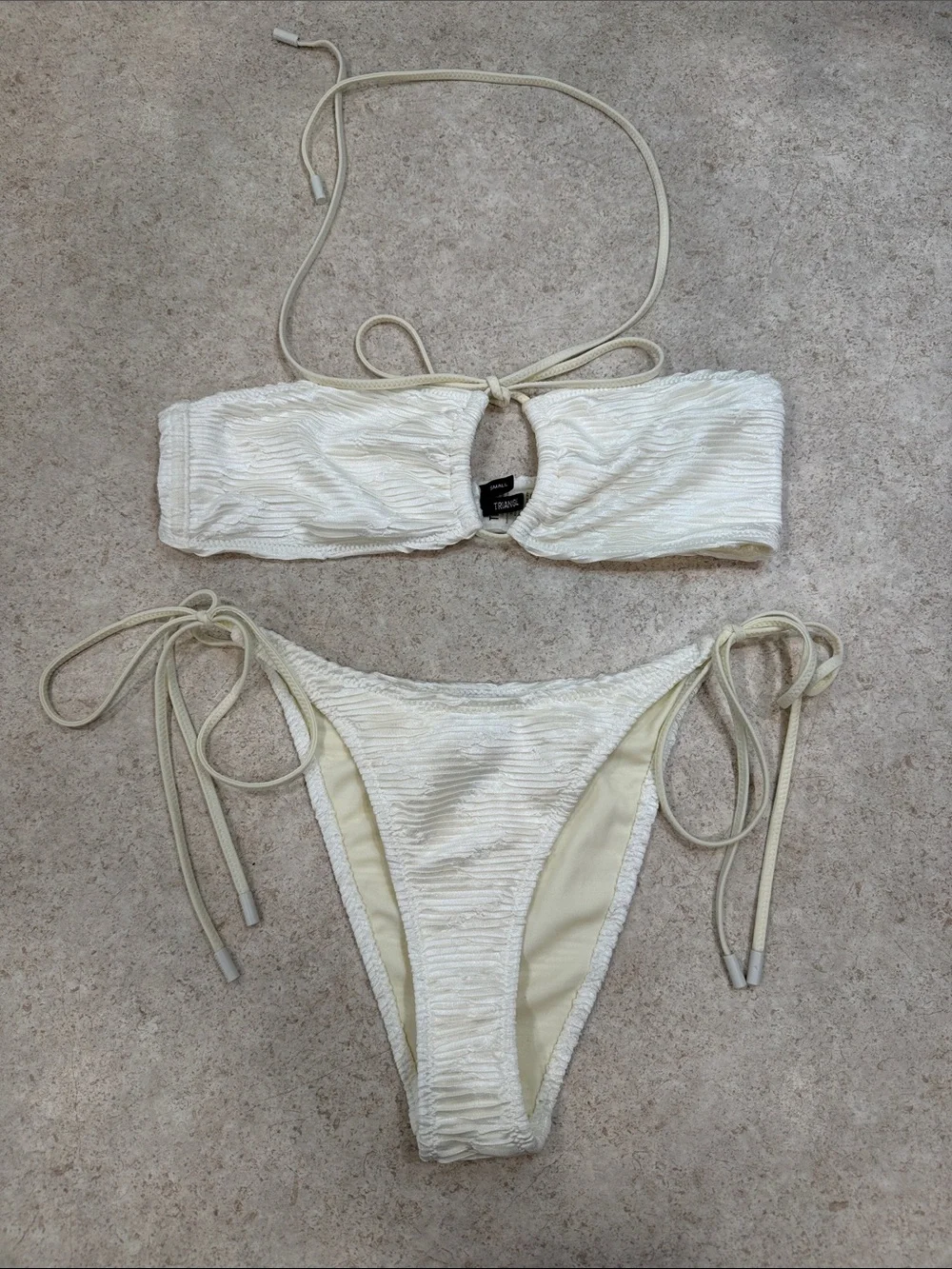 TRIANGLE SWIMWEAR BANDEAU WHITE RIBBED SHIMMER STRING BIKINI TOP SMALL/LOWER XS